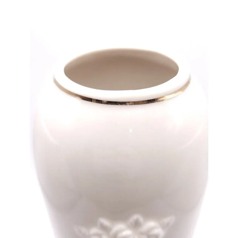 White Ceramic Vase With Rose Embossed Design & Gold Trim - Picture 4 of 11